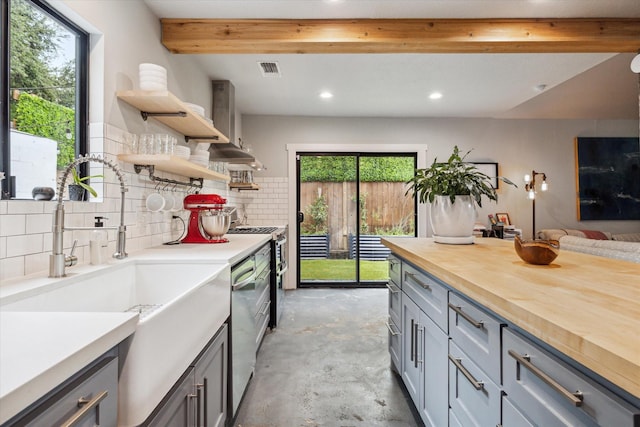 402 E 25th St, Houston, TX 77008 - kitchen featuring open shelves, concrete floors, butcher block counters, stainless steel appliances, and gray cabinetry