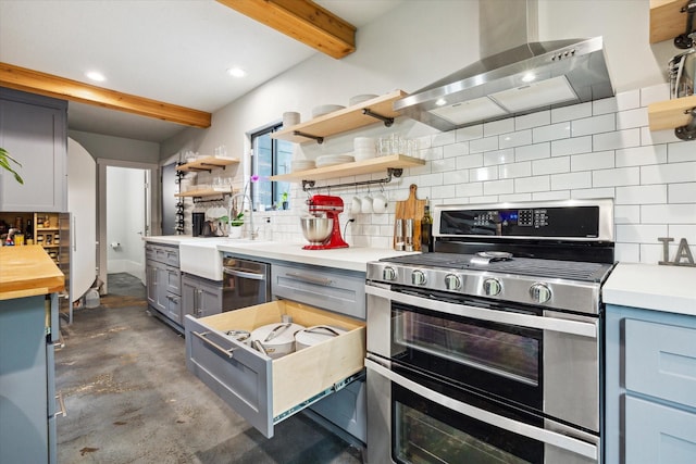 402 E 25th St, Houston, TX 77008 - kitchen featuring appliances with stainless steel finishes, wall chimney exhaust hood, beam ceiling, gray cabinets, and tasteful backsplash