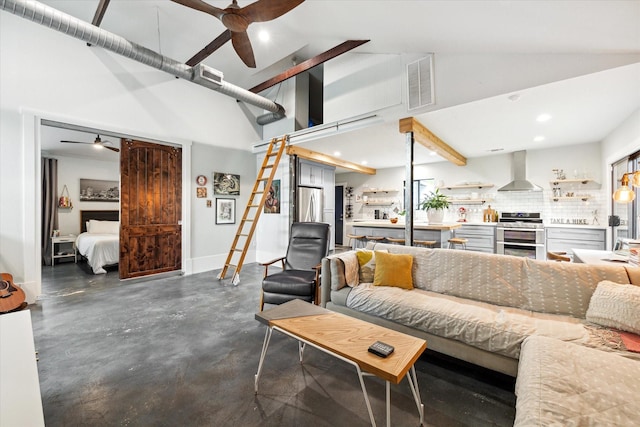 402 E 25th St, Houston, TX 77008 - living room featuring a ceiling fan, concrete floors, high vaulted ceiling, and recessed lighting