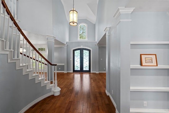 12814 Josey Creek Ct, Cypress, TX 77433 - entryway with high vaulted ceiling, stairway, french doors, and hardwood / wood-style flooring