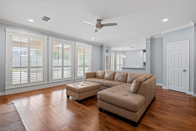 12814 Josey Creek Ct, Cypress, TX 77433 - living area featuring crown molding, wood finished floors, a ceiling fan, and recessed lighting