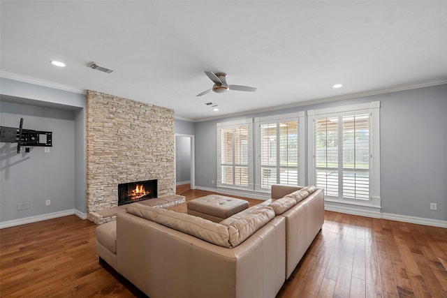 12814 Josey Creek Ct, Cypress, TX 77433 - living room with wood-type flooring, a ceiling fan, crown molding, a fireplace, and recessed lighting