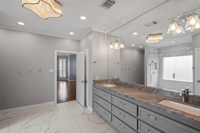 12814 Josey Creek Ct, Cypress, TX 77433 - full bath with ornamental molding, double vanity, a marble finish shower, a chandelier, and recessed lighting