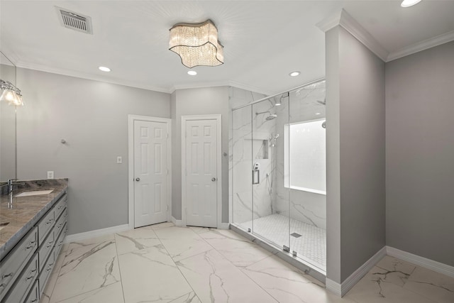 12814 Josey Creek Ct, Cypress, TX 77433 - bathroom featuring marble finish flooring, recessed lighting, a marble finish shower, double vanity, and crown molding