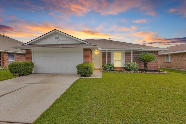 2307 Pine Cone Dr, Houston, TX 77339 - single story home featuring brick siding, an attached garage, driveway, a lawn, and a shingled roof