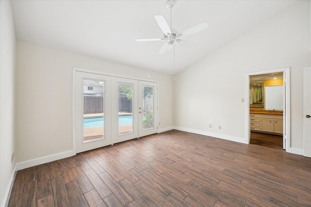 3002 Durban Dr, Houston, TX 77043 - unfurnished room featuring french doors, lofted ceiling, dark wood-style flooring, and ceiling fan