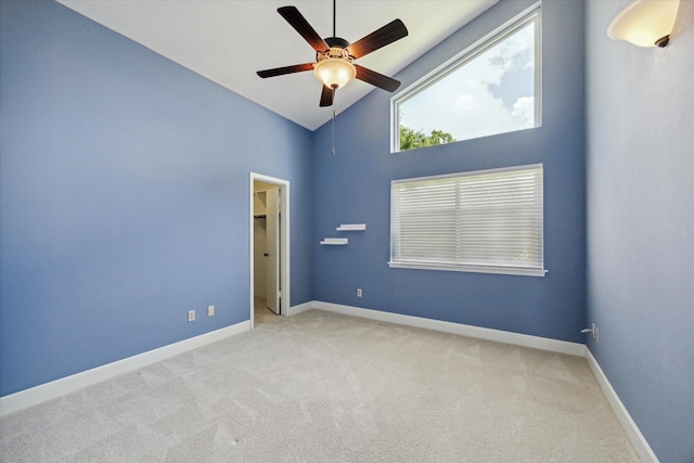 3002 Durban Dr, Houston, TX 77043 - unfurnished room featuring high vaulted ceiling, a ceiling fan, and carpet floors