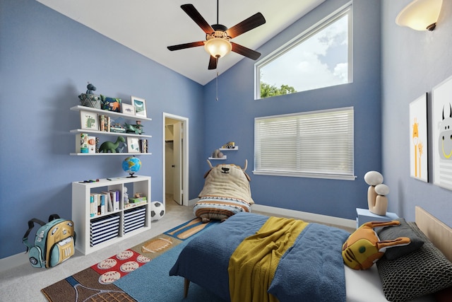 3002 Durban Dr, Houston, TX 77043 - bedroom featuring high vaulted ceiling, carpet floors, and ceiling fan