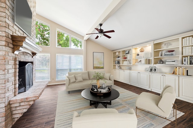 3002 Durban Dr, Houston, TX 77043 - living area featuring dark wood finished floors, a fireplace, and ceiling fan