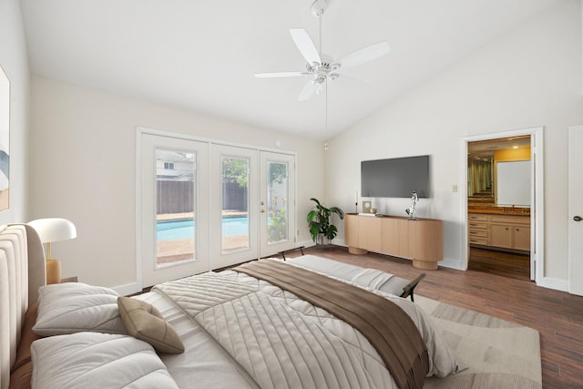 3002 Durban Dr, Houston, TX 77043 - bedroom with access to outside, wood finished floors, french doors, high vaulted ceiling, and connected bathroom
