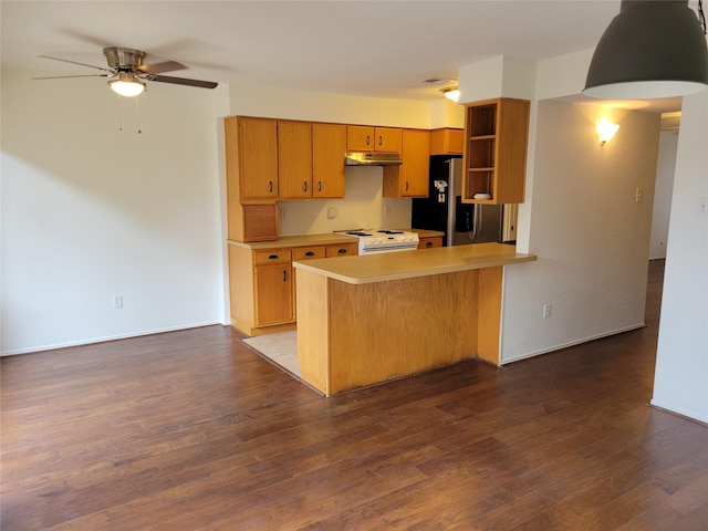 5801 Lumberdale Rd Unit 226, Houston, TX 77092 - kitchen featuring freestanding refrigerator, electric range, light countertops, ceiling fan, and dark wood-style floors
