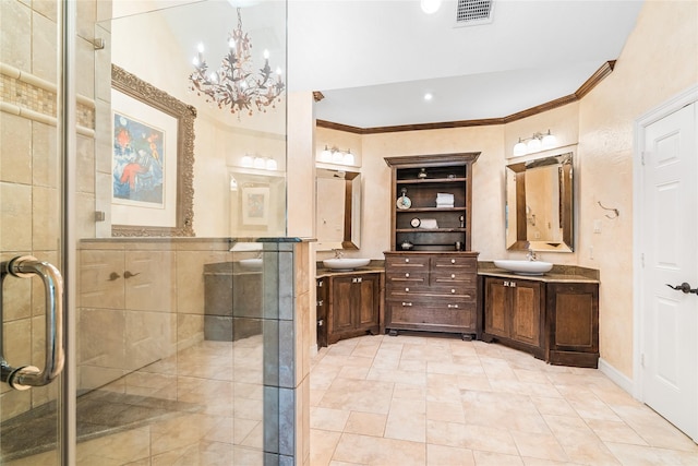 1734 Forestlake Dr, Sugar Land, TX 77479 - full bath with two vanities, crown molding, a chandelier, a shower stall, and recessed lighting