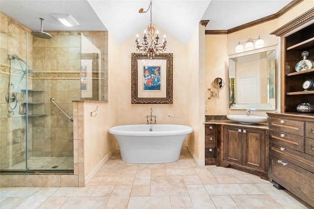 1734 Forestlake Dr, Sugar Land, TX 77479 - bathroom with a shower stall, vanity, a freestanding tub, a chandelier, and vaulted ceiling