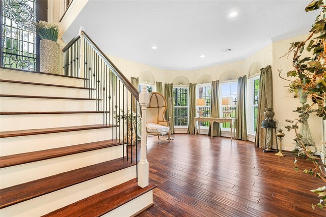 1734 Forestlake Dr, Sugar Land, TX 77479 - staircase featuring ornamental molding, wood-type flooring, and recessed lighting