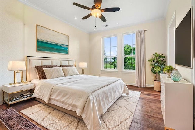 1734 Forestlake Dr, Sugar Land, TX 77479 - bedroom with crown molding, dark wood-style floors, and a ceiling fan