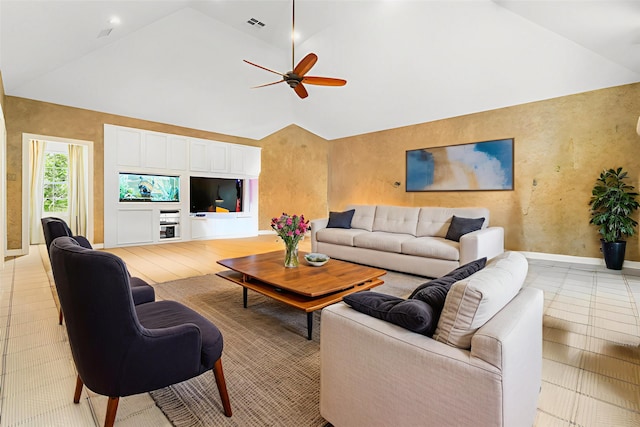 1734 Forestlake Dr, Sugar Land, TX 77479 - living area featuring ceiling fan, high vaulted ceiling, and light tile patterned flooring