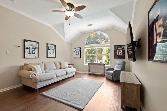 16403 Bogan Flats Ct, Houston, TX 77095 - living area featuring healthy amount of natural light, a ceiling fan, lofted ceiling, and wood-type flooring