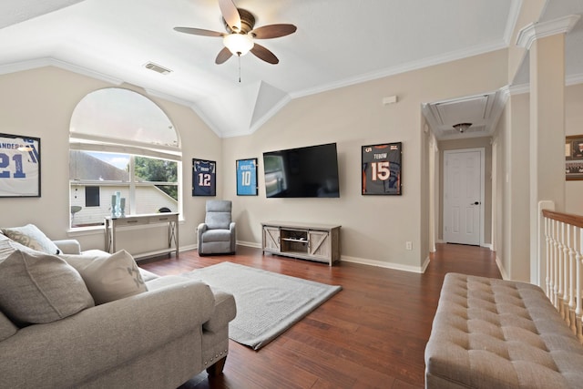 16403 Bogan Flats Ct, Houston, TX 77095 - living area with attic access, a ceiling fan, lofted ceiling, wood finished floors, and ornamental molding