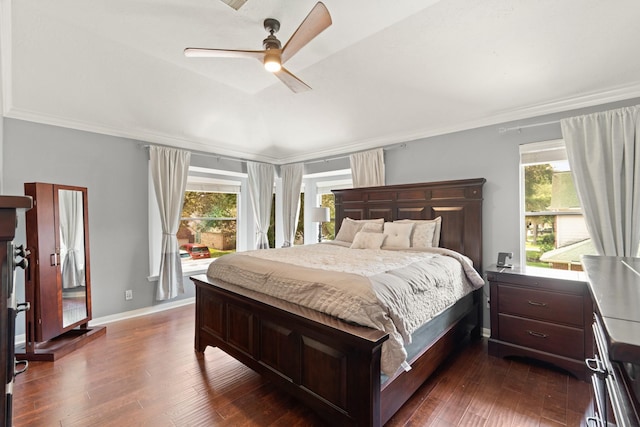 16403 Bogan Flats Ct, Houston, TX 77095 - bedroom featuring multiple windows, ornamental molding, dark wood-style floors, and ceiling fan