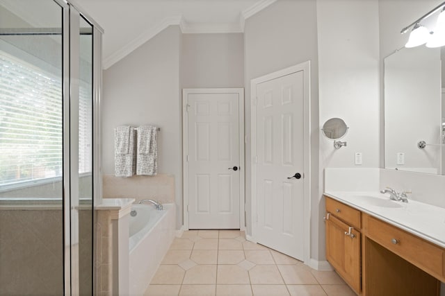 16403 Bogan Flats Ct, Houston, TX 77095 - full bath with ornamental molding, vanity, a garden tub, tile patterned floors, and a shower stall