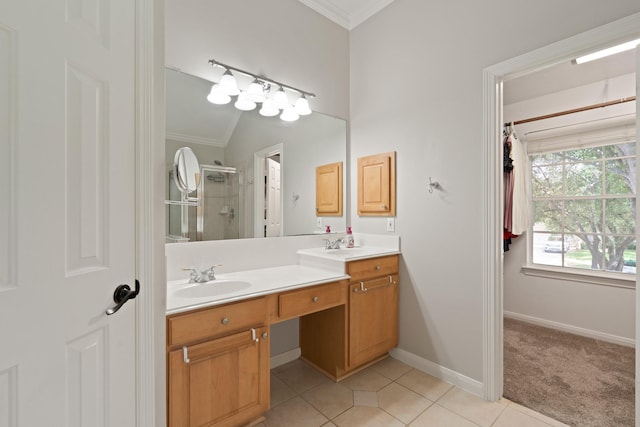 16403 Bogan Flats Ct, Houston, TX 77095 - bathroom featuring ornamental molding, a stall shower, double vanity, tile patterned floors, and lofted ceiling