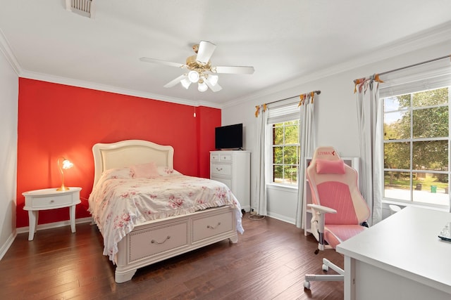 16403 Bogan Flats Ct, Houston, TX 77095 - bedroom featuring dark wood finished floors, ornamental molding, and ceiling fan