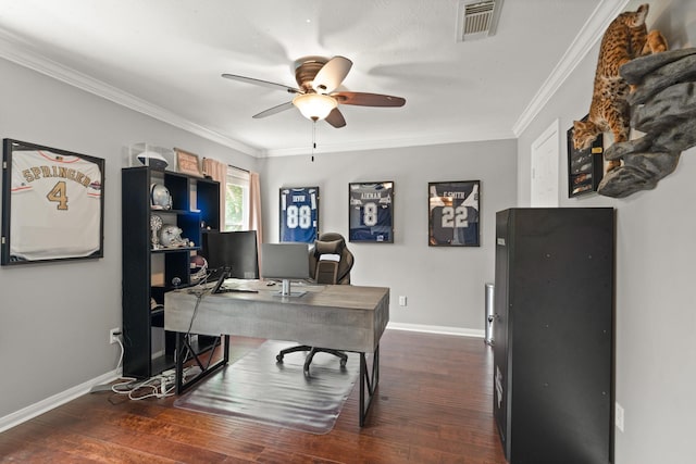 16403 Bogan Flats Ct, Houston, TX 77095 - office featuring ceiling fan, dark wood-type flooring, and crown molding