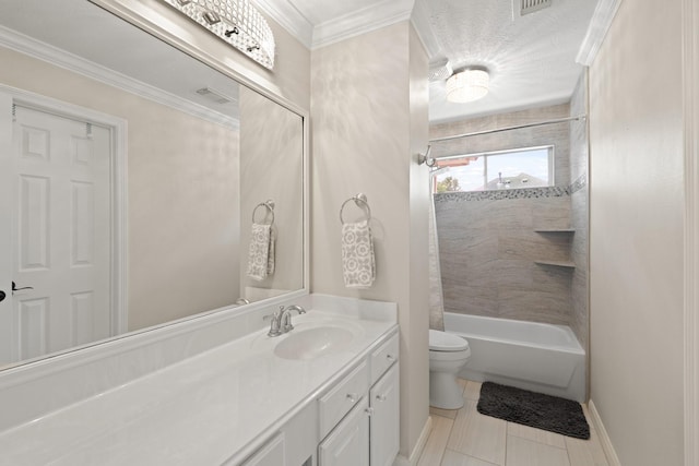 16403 Bogan Flats Ct, Houston, TX 77095 - full bathroom featuring vanity, bathing tub / shower combination, crown molding, and tile patterned flooring