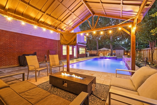 16403 Bogan Flats Ct, Houston, TX 77095 - view of swimming pool featuring a shed, a fenced backyard, and a patio