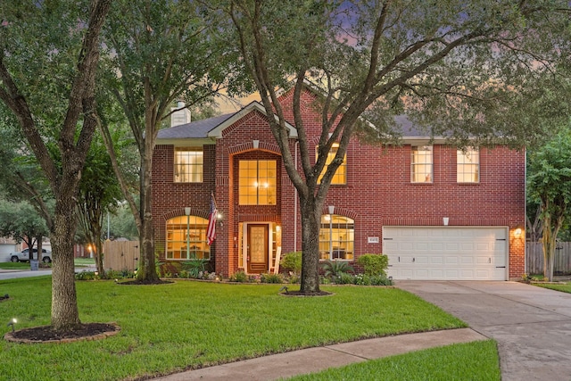 16403 Bogan Flats Ct, Houston, TX 77095 - view of front of property featuring brick siding, a garage, concrete driveway, and a chimney