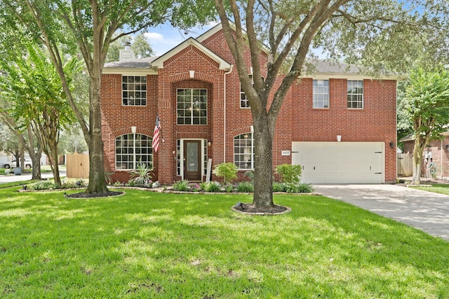 16403 Bogan Flats Ct, Houston, TX 77095 - view of front of house with a garage, driveway, a chimney, and brick siding