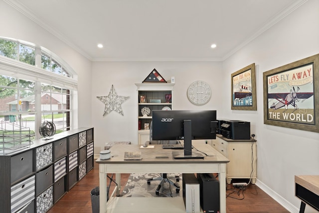 16403 Bogan Flats Ct, Houston, TX 77095 - office with dark wood finished floors, crown molding, and recessed lighting
