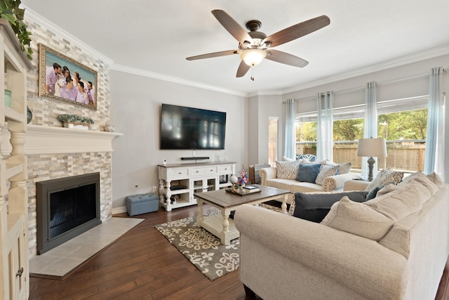 16403 Bogan Flats Ct, Houston, TX 77095 - living room featuring hardwood / wood-style floors, ceiling fan, crown molding, and a tile fireplace