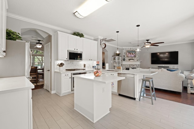 16403 Bogan Flats Ct, Houston, TX 77095 - kitchen with appliances with stainless steel finishes, a ceiling fan, arched walkways, open floor plan, and crown molding