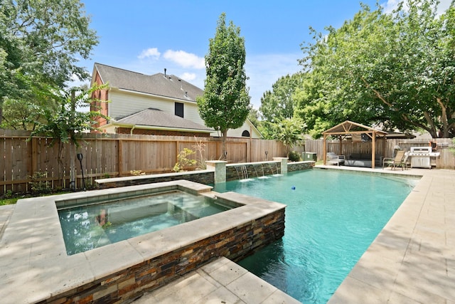 16403 Bogan Flats Ct, Houston, TX 77095 - view of swimming pool featuring a gazebo, an in-ground hot tub, a fenced backyard, and a patio area