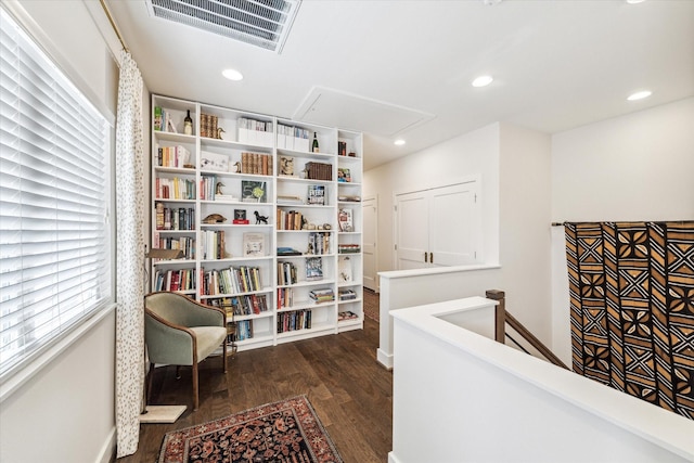 928 Robbie St Unit B, Houston, TX 77009 - living area with attic access, an upstairs landing, dark wood-type flooring, and recessed lighting