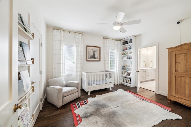 928 Robbie St Unit B, Houston, TX 77009 - bedroom featuring wood finished floors, a nursery area, a ceiling fan, and ensuite bathroom