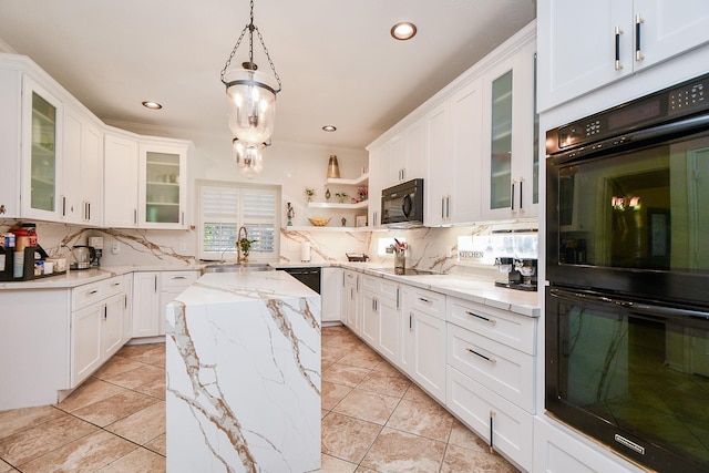 9302 Stone Porch Ln, Houston, TX 77064 - kitchen featuring black appliances, decorative backsplash, white cabinetry, and recessed lighting