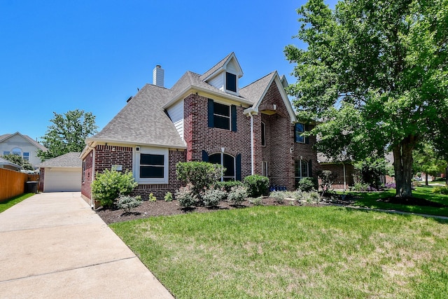9302 Stone Porch Ln, Houston, TX 77064 - traditional home featuring brick siding, a chimney, roof with shingles, and a detached garage