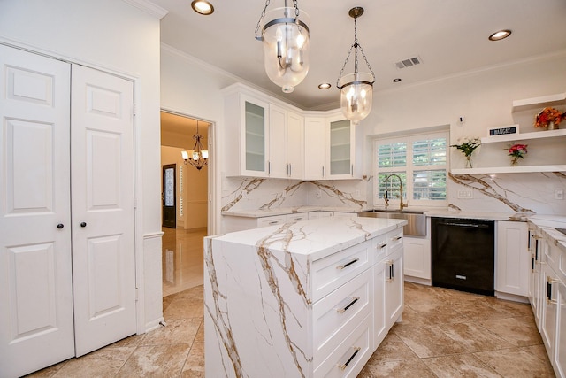9302 Stone Porch Ln, Houston, TX 77064 - kitchen featuring a chandelier, black dishwasher, ornamental molding, recessed lighting, and tasteful backsplash