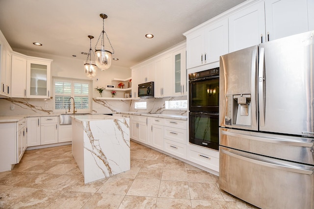 9302 Stone Porch Ln, Houston, TX 77064 - kitchen with black appliances, decorative backsplash, open shelves, light stone counters, and recessed lighting