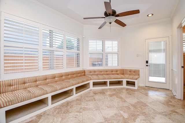 9302 Stone Porch Ln, Houston, TX 77064 - unfurnished room featuring crown molding, a ceiling fan, recessed lighting, and light stone finish floors