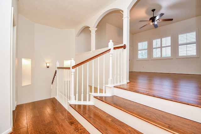 9302 Stone Porch Ln, Houston, TX 77064 - staircase with wood finished floors and ceiling fan