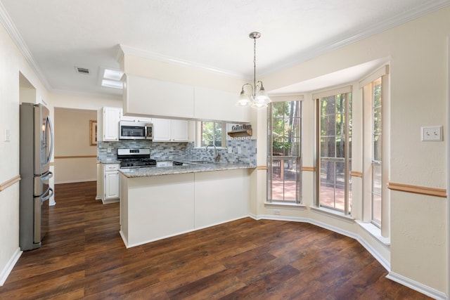 34 Sweetdream Pl, The Woodlands, TX 77381 - kitchen with appliances with stainless steel finishes, tasteful backsplash, dark wood finished floors, a peninsula, and crown molding