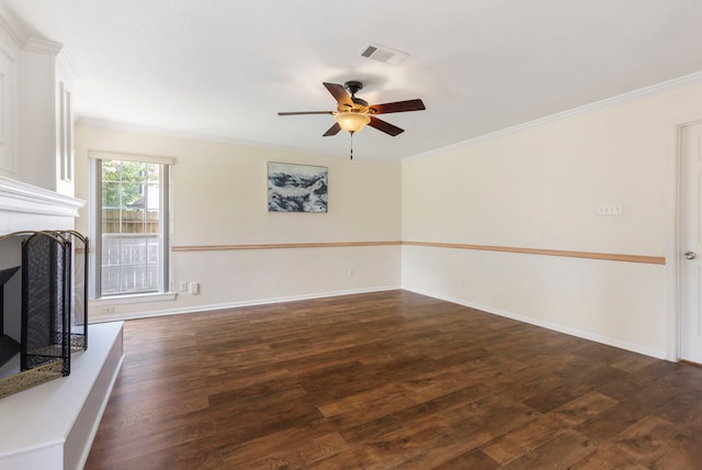 34 Sweetdream Pl, The Woodlands, TX 77381 - unfurnished living room with ceiling fan, wood finished floors, a fireplace with raised hearth, and ornamental molding