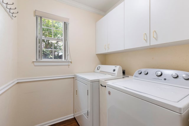 34 Sweetdream Pl, The Woodlands, TX 77381 - washroom featuring cabinet space, washer and clothes dryer, and ornamental molding