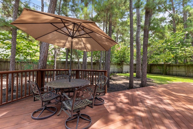 34 Sweetdream Pl, The Woodlands, TX 77381 - deck with outdoor dining area and a fenced backyard