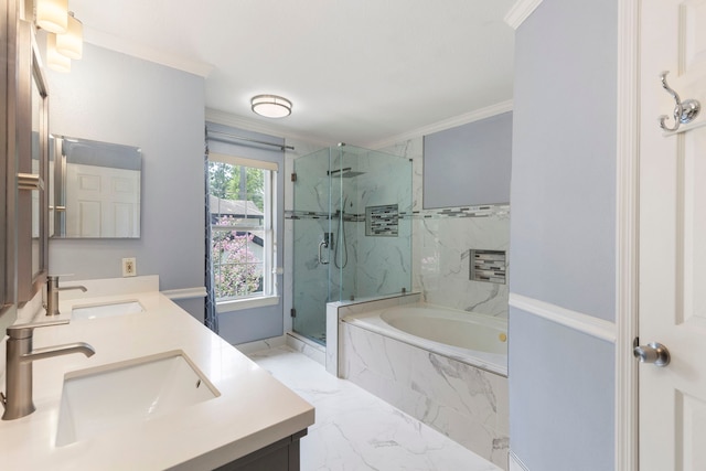34 Sweetdream Pl, The Woodlands, TX 77381 - bathroom with a bath, a marble finish shower, marble finish floors, double vanity, and crown molding