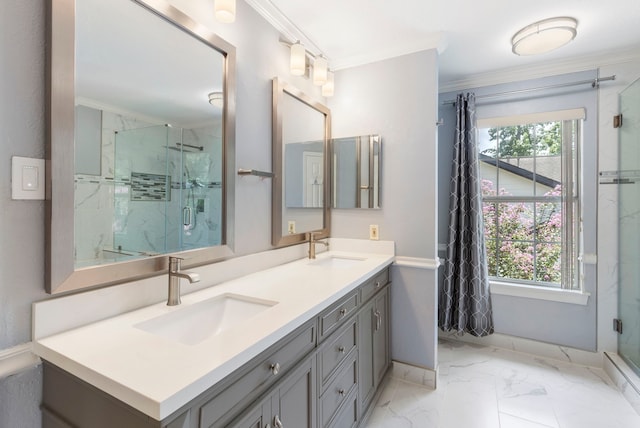 34 Sweetdream Pl, The Woodlands, TX 77381 - bathroom with ornamental molding, double vanity, a marble finish shower, and marble look tiles