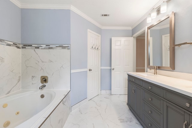 34 Sweetdream Pl, The Woodlands, TX 77381 - full bath with marble finish flooring, double vanity, a whirlpool tub, and ornamental molding